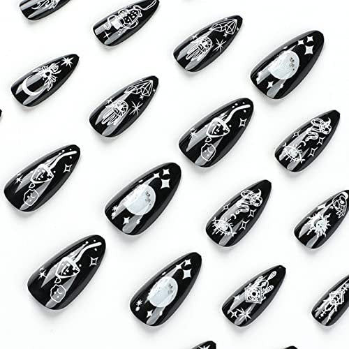 IMSOHOT Almond Press on Nails Medium Stiletto Black Fake Nails with Nail Glue Moon Star False Nails 24Pcs Full Cover Acrylic Nails - görsel 4
