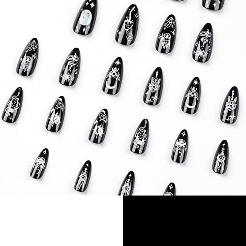 IMSOHOT Almond Press on Nails Medium Stiletto Black Fake Nails with Nail Glue Moon Star False Nails 24Pcs Full Cover Acrylic Nails - görsel 6