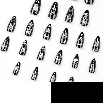 IMSOHOT Almond Press on Nails Medium Stiletto Black Fake Nails with Nail Glue Moon Star False Nails 24Pcs Full Cover Acrylic Nails