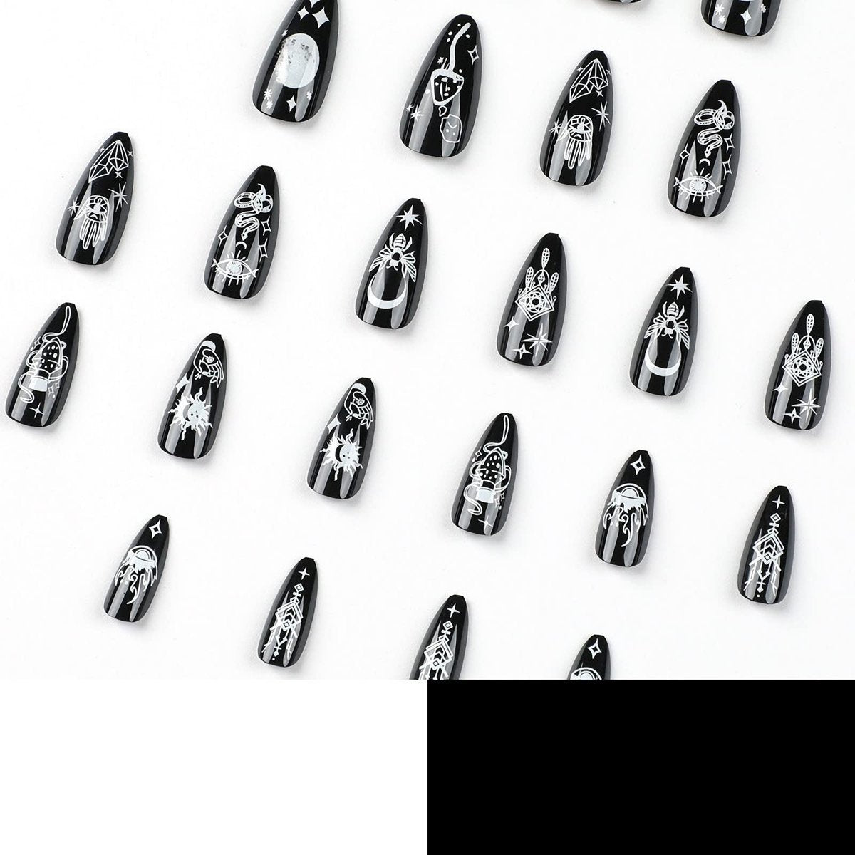 IMSOHOT Almond Press on Nails Medium Stiletto Black Fake Nails with Nail Glue Moon Star False Nails 24Pcs Full Cover Acrylic Nails - görsel 5