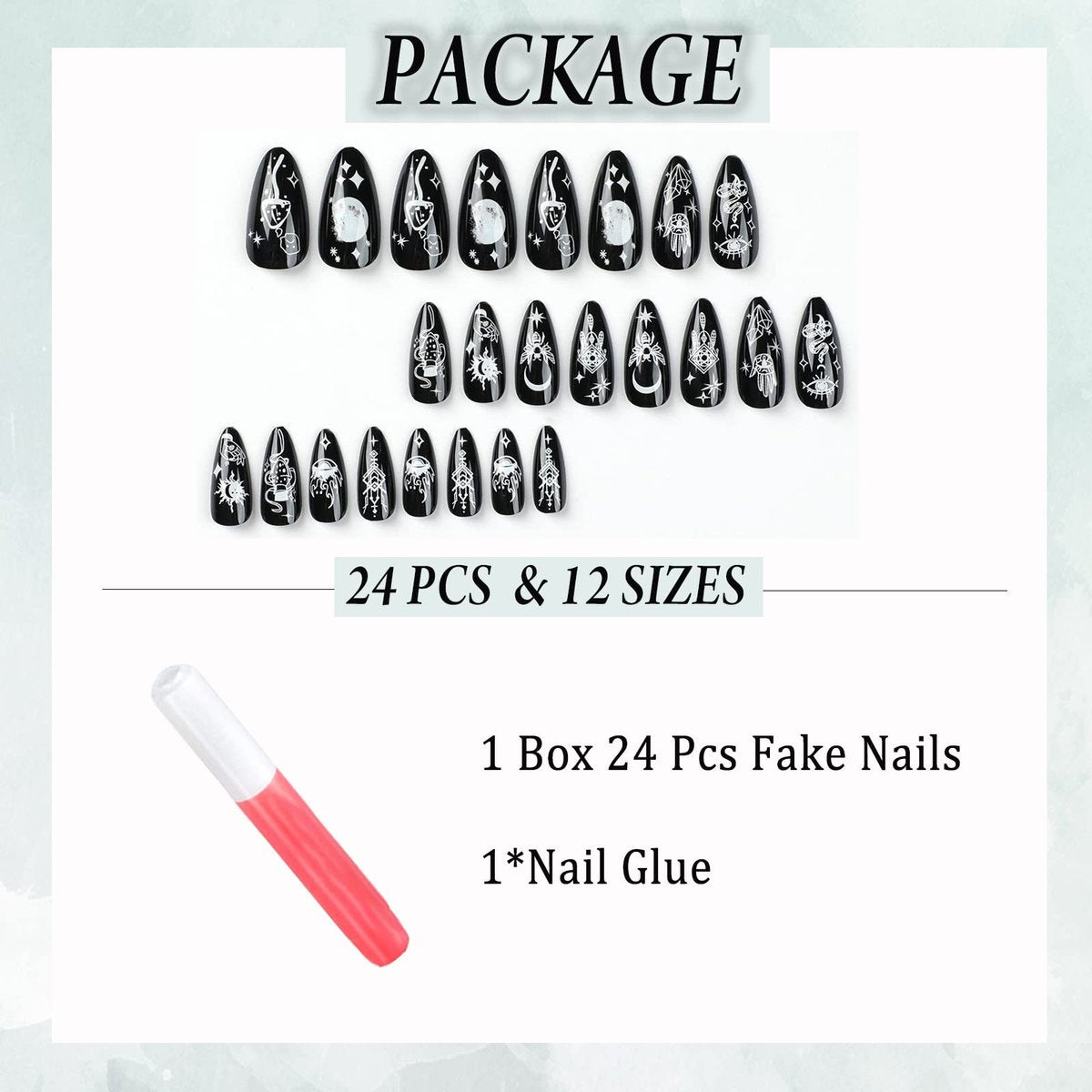 IMSOHOT Almond Press on Nails Medium Stiletto Black Fake Nails with Nail Glue Moon Star False Nails 24Pcs Full Cover Acrylic Nails - görsel 7