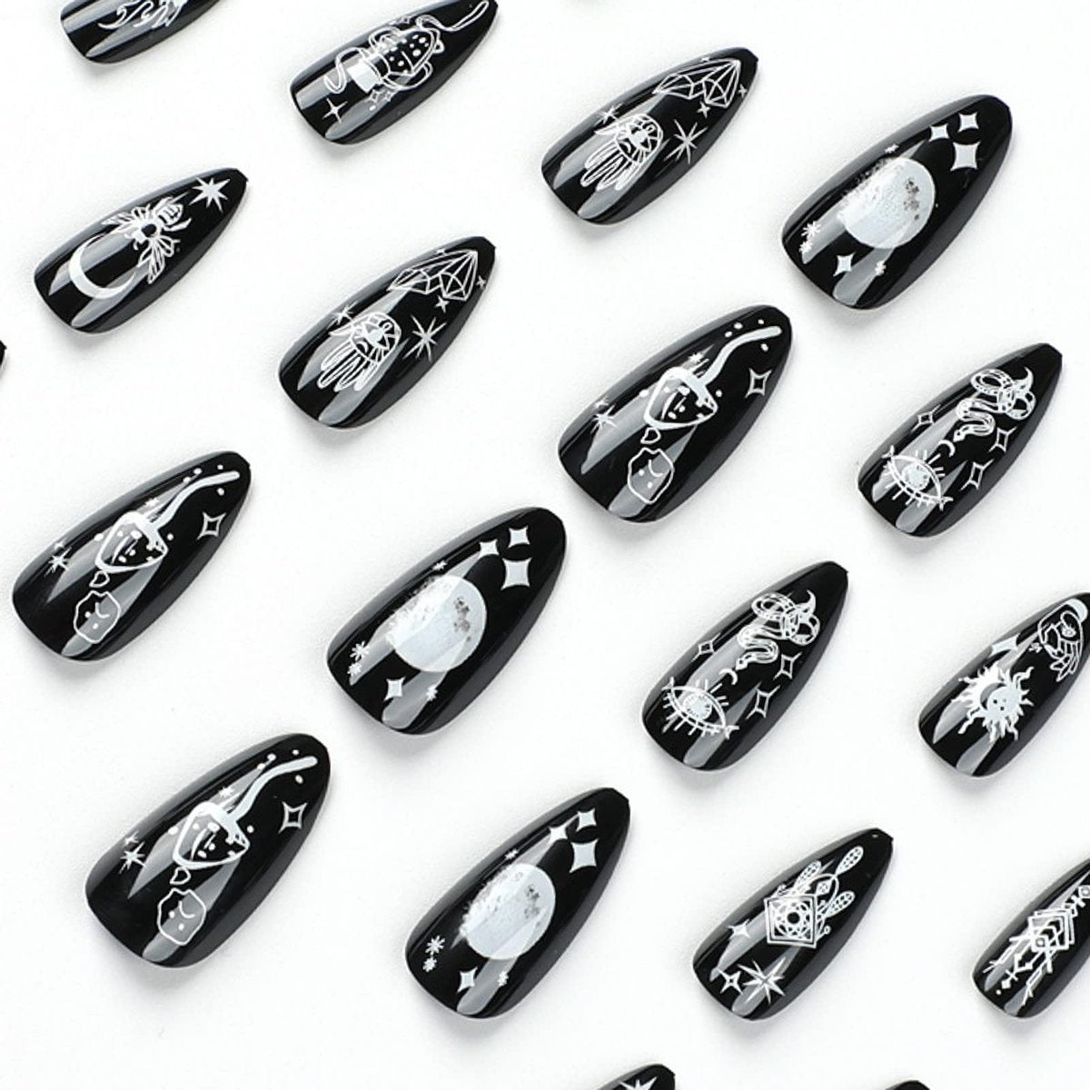 IMSOHOT Almond Press on Nails Medium Stiletto Black Fake Nails with Nail Glue Moon Star False Nails 24Pcs Full Cover Acrylic Nails - görsel 3