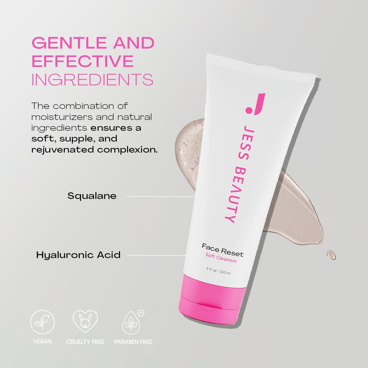 JESS BEAUTY Face Reset Soft Face Cleanser with Squalane & Hyaluronic Acid – 5 fl. oz Gentle Hydrating Cleanser Avelisse
