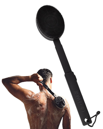 Black Wolf Silicone Body Scrubber & Exfoliator – Vibrating Loofah Shower Brush with Handle Extension for Back – Deep Cleaning & Exfoliating Body Scrub – Bath Hygiene Essentials for Men & Women Avelisse