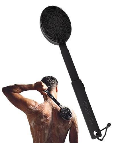 Black Wolf Silicone Body Scrubber & Exfoliator – Vibrating Loofah Shower Brush with Handle Extension for Back – Deep Cleaning & Exfoliating Body Scrub – Bath Hygiene Essentials for Men & Women Avelisse
