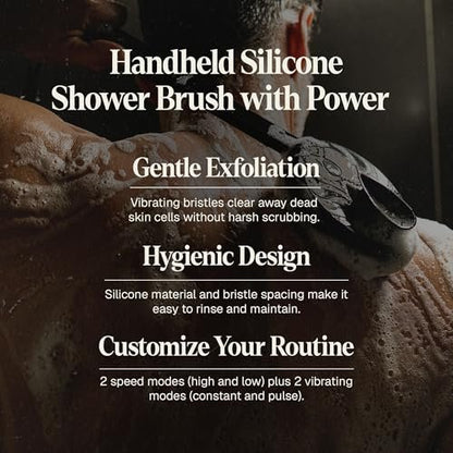 Black Wolf Silicone Body Scrubber & Exfoliator – Vibrating Loofah Shower Brush with Handle Extension for Back – Deep Cleaning & Exfoliating Body Scrub – Bath Hygiene Essentials for Men & Women Avelisse