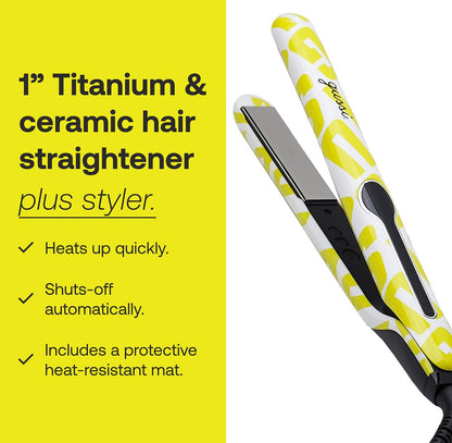 GUSSI HAIRCARE Hair Mane Squeeze 1" Titanium & Ceramic Flat Iron Hair Straightener with Heat Mat - 60 sq. inch Plates for Professional and Home Use