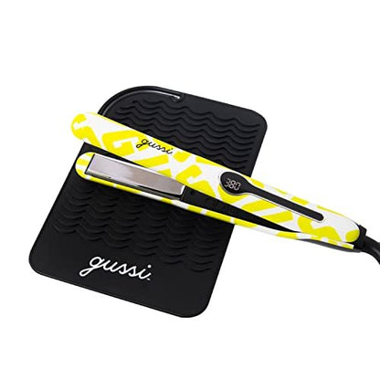 GUSSI HAIRCARE Hair Mane Squeeze 1" Titanium & Ceramic Flat Iron Hair Straightener with Heat Mat - 60 sq. inch Plates for Professional and Home Use