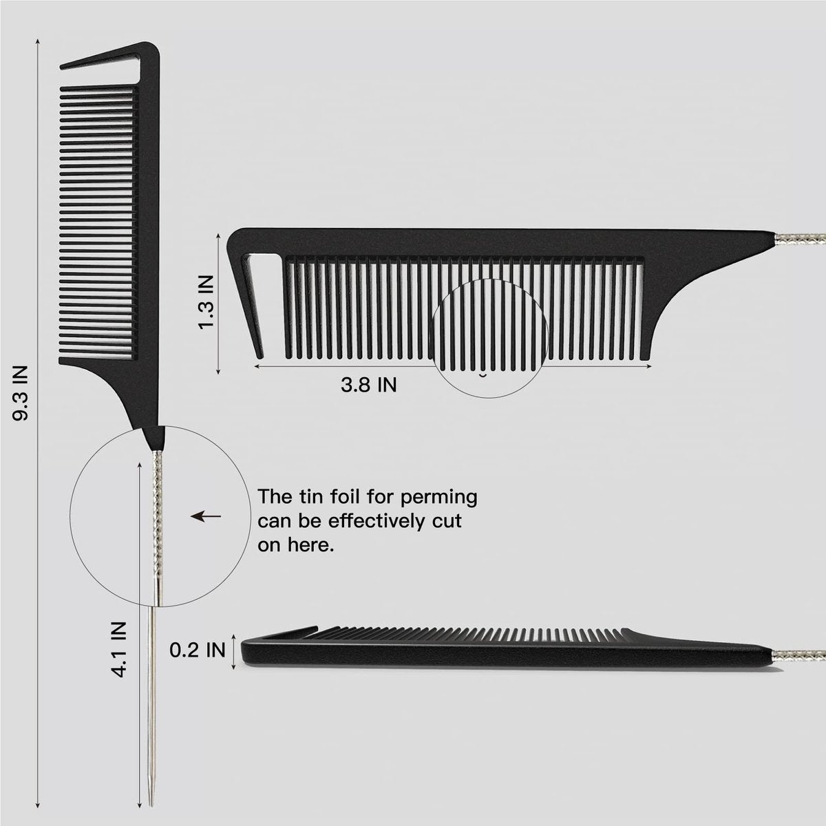 9.3'' Rat Tail Comb for Hair Stylists - Metal Pintail Parting Comb for Braiding, Sectioning, Teasing & Styling (Black) - görsel 3