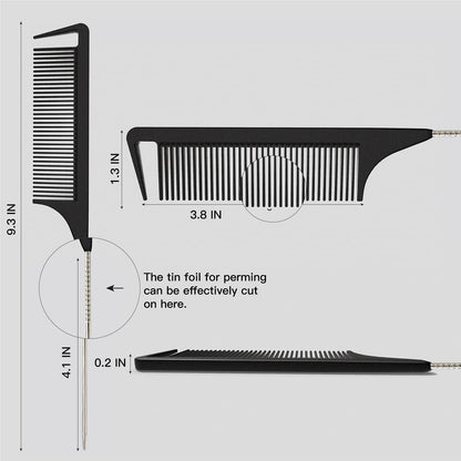 9.3'' Rat Tail Comb for Hair Stylists - Metal Pintail Parting Comb for Braiding, Sectioning, Teasing & Styling (Black)