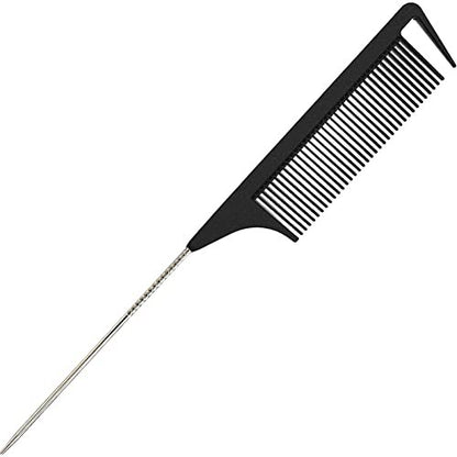 9.3'' Rat Tail Comb for Hair Stylists - Metal Pintail Parting Comb for Braiding, Sectioning, Teasing & Styling (Black)