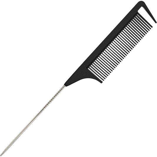 9.3'' Rat Tail Comb for Hair Stylists - Metal Pintail Parting Comb for Braiding, Sectioning, Teasing & Styling (Black)