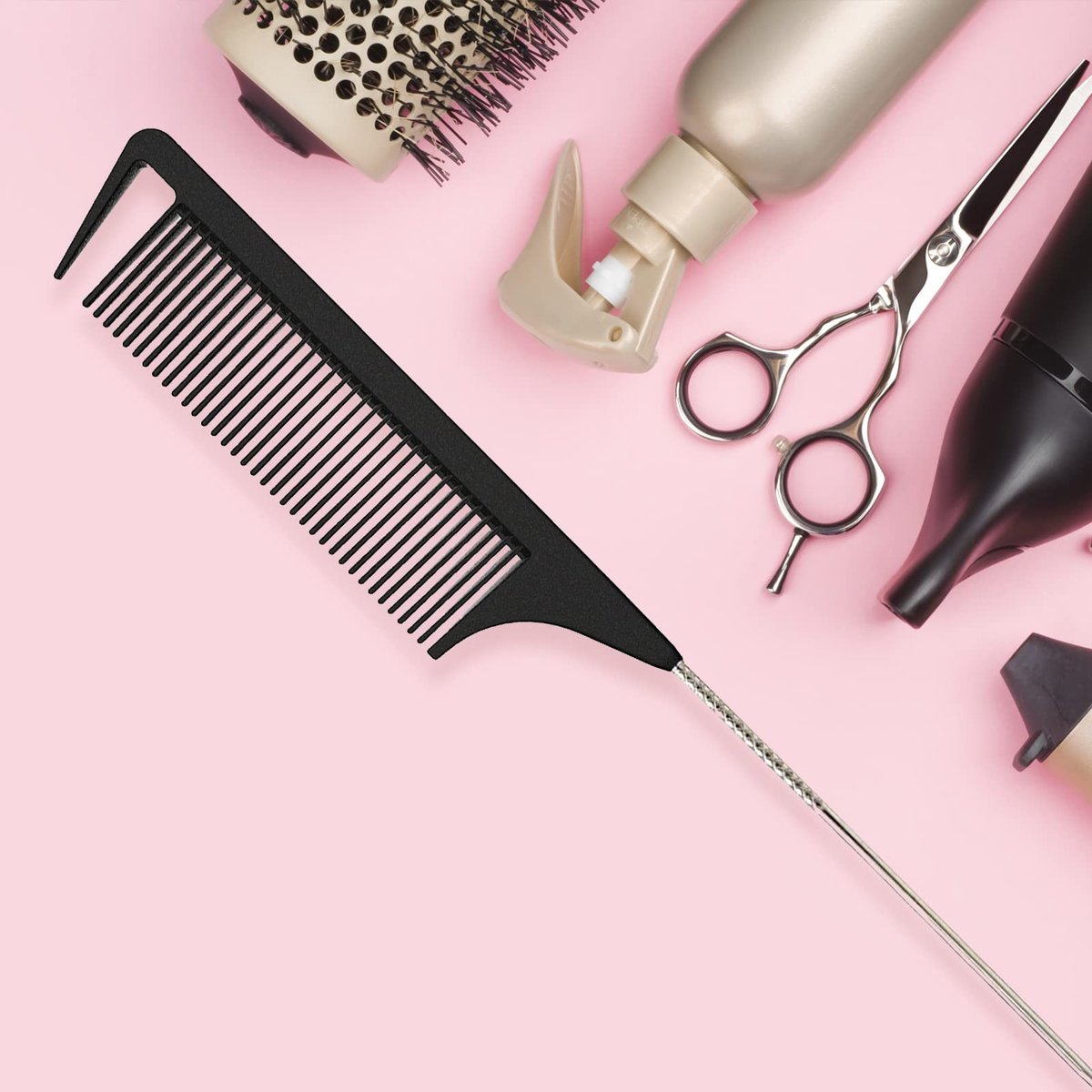 9.3'' Rat Tail Comb for Hair Stylists - Metal Pintail Parting Comb for Braiding, Sectioning, Teasing & Styling (Black) - görsel 5
