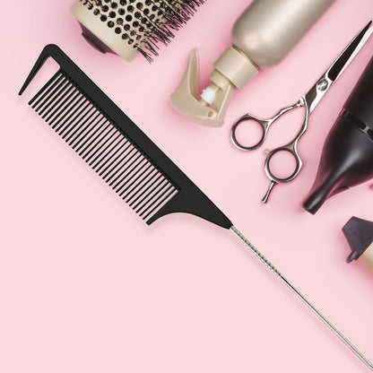 9.3'' Rat Tail Comb for Hair Stylists - Metal Pintail Parting Comb for Braiding, Sectioning, Teasing & Styling (Black)