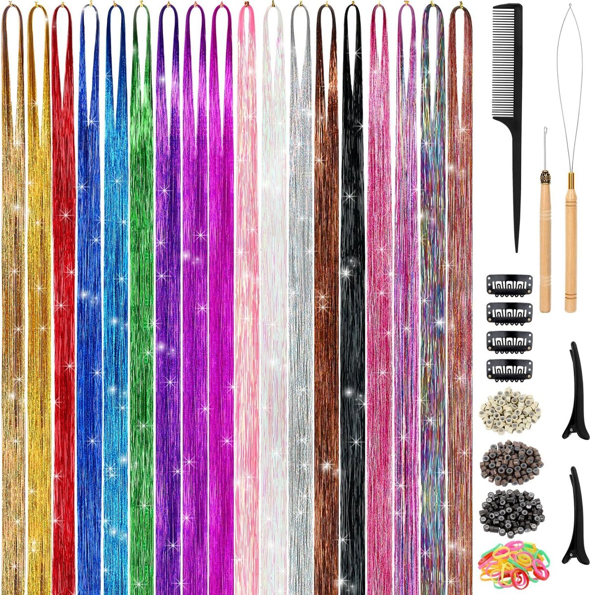 Hair Tinsel Kit - 48 Inch, 18 Colors, 4320 Strands - Heat Resistant Fairy Hair Extensions with Tools - görsel 1