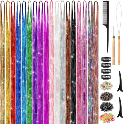Hair Tinsel Kit - 48 Inch, 18 Colors, 4320 Strands - Heat Resistant Fairy Hair Extensions with Tools