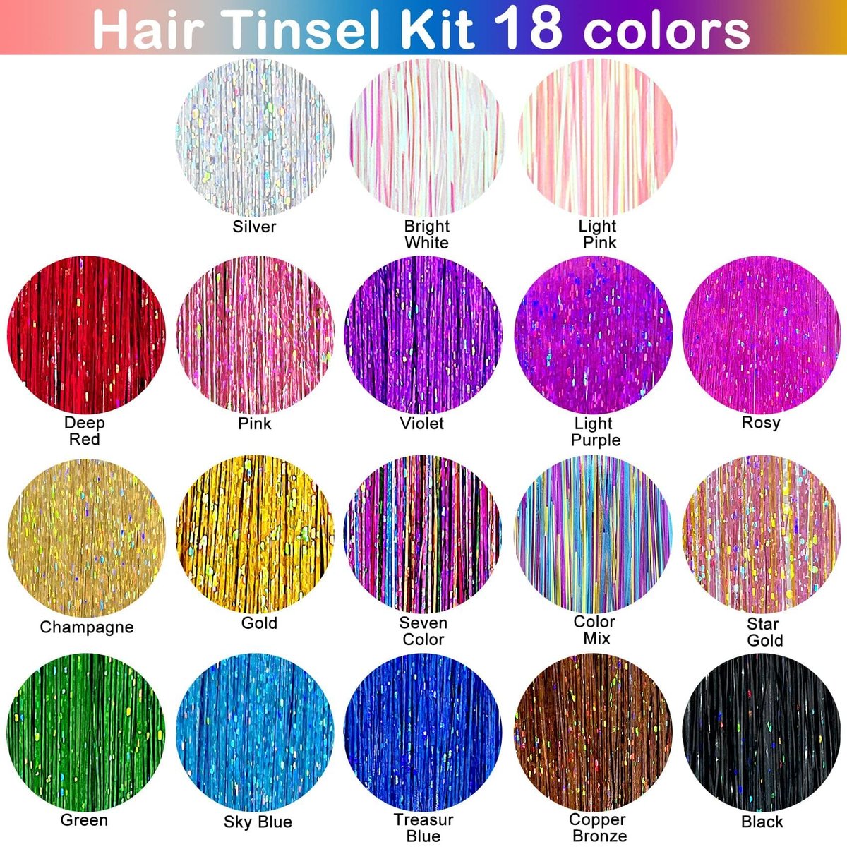 Hair Tinsel Kit - 48 Inch, 18 Colors, 4320 Strands - Heat Resistant Fairy Hair Extensions with Tools - görsel 5