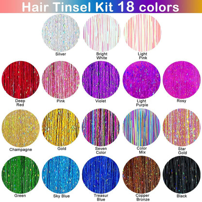 Hair Tinsel Kit - 48 Inch, 18 Colors, 4320 Strands - Heat Resistant Fairy Hair Extensions with Tools