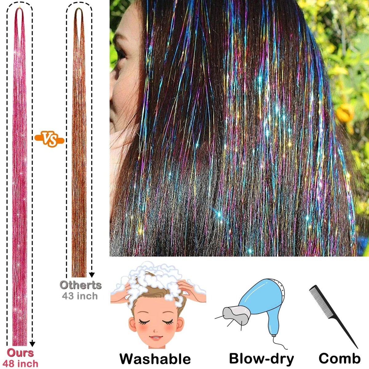 Hair Tinsel Kit - 48 Inch, 18 Colors, 4320 Strands - Heat Resistant Fairy Hair Extensions with Tools - görsel 7