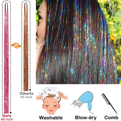 Hair Tinsel Kit - 48 Inch, 18 Colors, 4320 Strands - Heat Resistant Fairy Hair Extensions with Tools