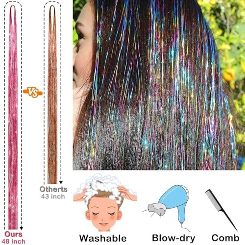 Hair Tinsel Kit - 48 Inch, 18 Colors, 4320 Strands - Heat Resistant Fairy Hair Extensions with Tools - görsel 8