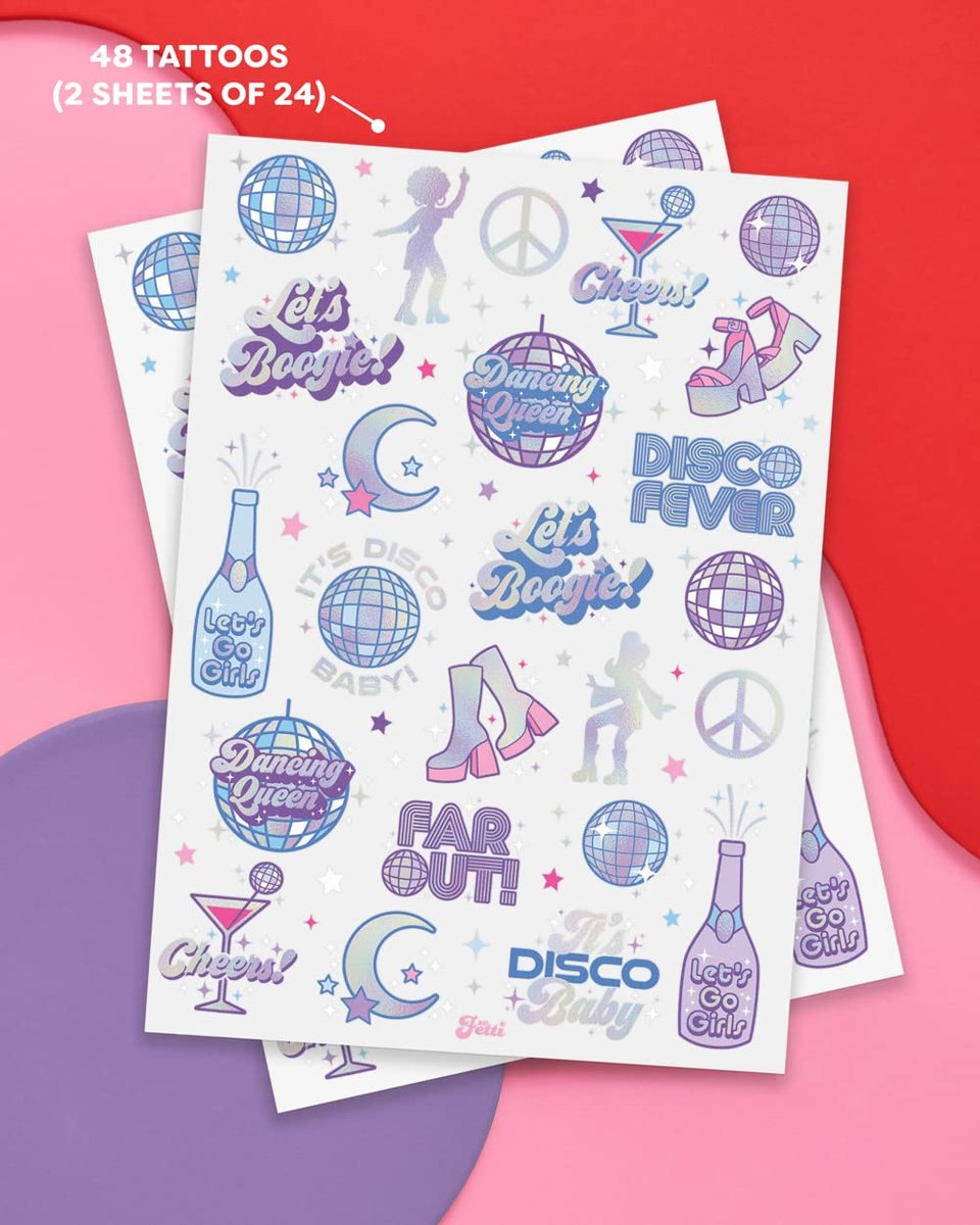 xo, Fetti Disco Birthday Party Temporary Tattoos - 48 Iridescent Foil Pcs | Birthday Girl Party Decorations, Dancing Queen, 70s Groovy Party - görsel 3