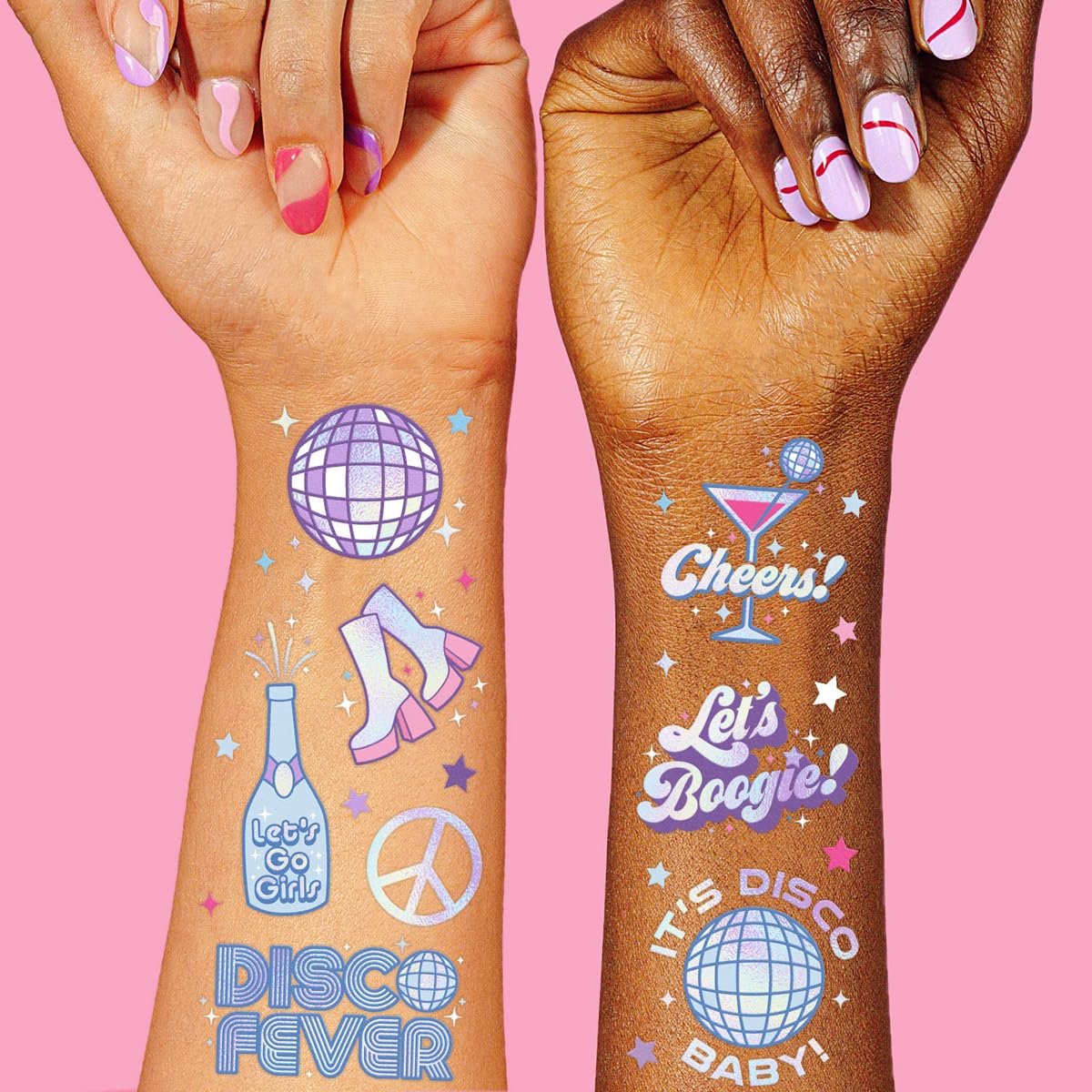 xo, Fetti Disco Birthday Party Temporary Tattoos - 48 Iridescent Foil Pcs | Birthday Girl Party Decorations, Dancing Queen, 70s Groovy Party - görsel 1