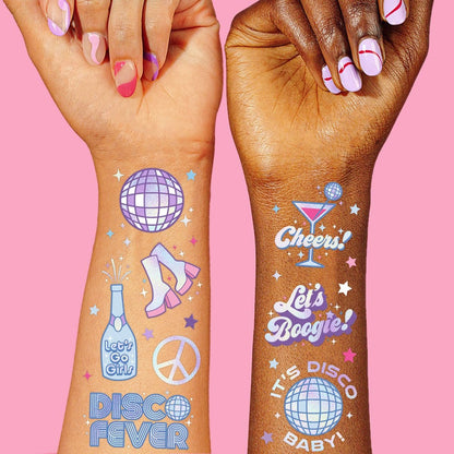 xo, Fetti Disco Birthday Party Temporary Tattoos - 48 Iridescent Foil Pcs | Birthday Girl Party Decorations, Dancing Queen, 70s Groovy Party
