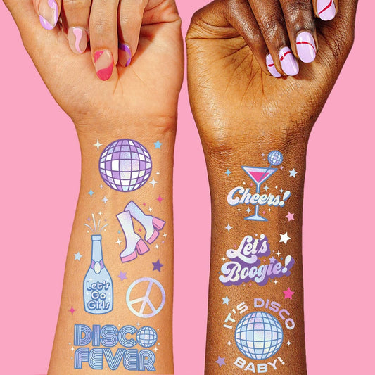 xo, Fetti Disco Birthday Party Temporary Tattoos - 48 Iridescent Foil Pcs | Birthday Girl Party Decorations, Dancing Queen, 70s Groovy Party