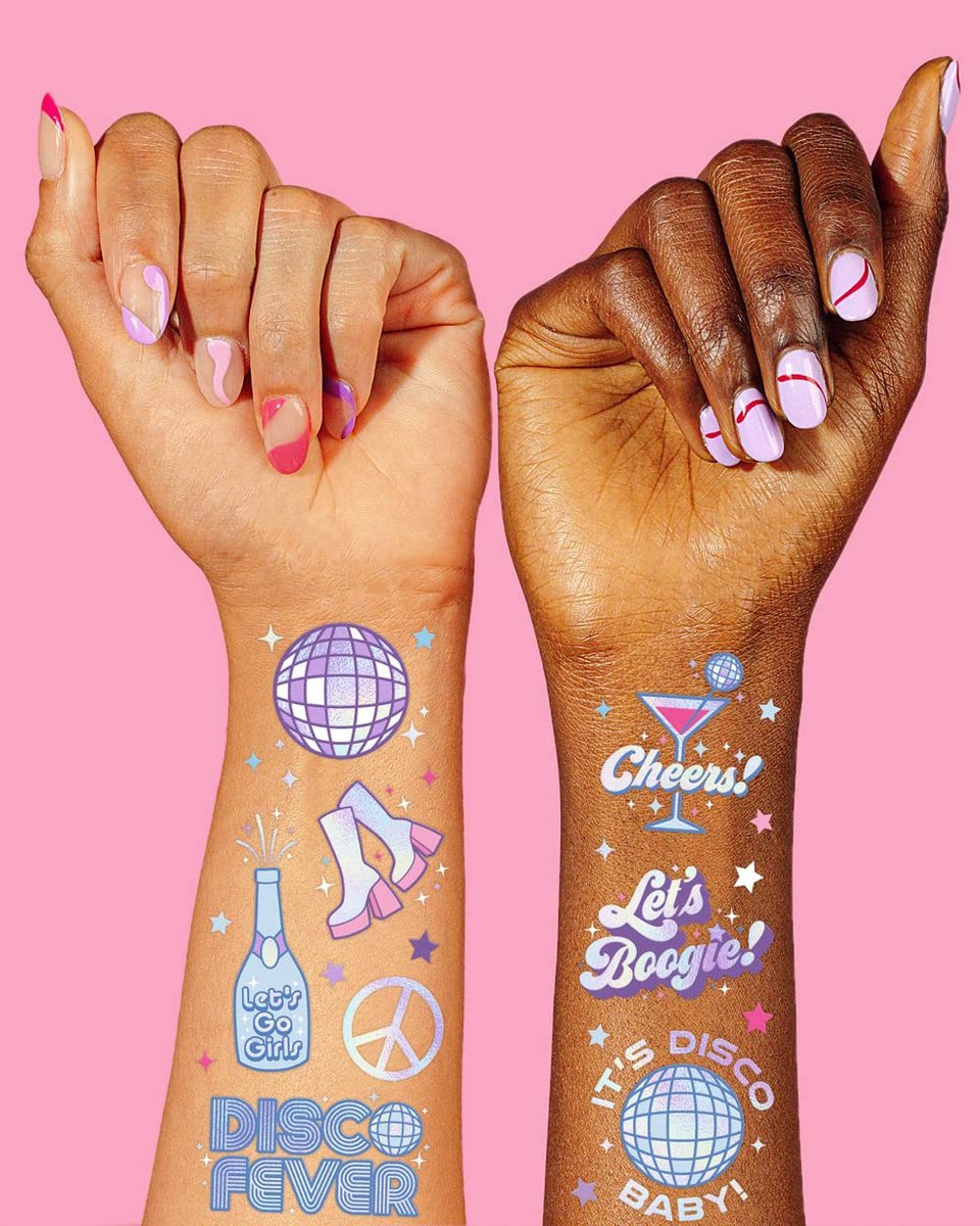 xo, Fetti Disco Birthday Party Temporary Tattoos - 48 Iridescent Foil Pcs | Birthday Girl Party Decorations, Dancing Queen, 70s Groovy Party - görsel 7