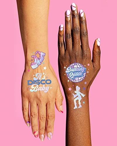 xo, Fetti Disco Birthday Party Temporary Tattoos - 48 Iridescent Foil Pcs | Birthday Girl Party Decorations, Dancing Queen, 70s Groovy Party - görsel 6