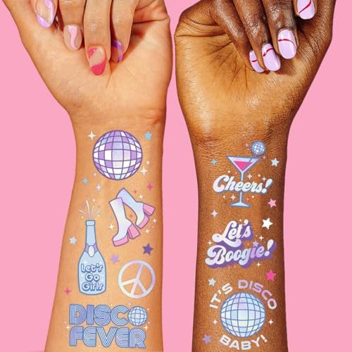 xo, Fetti Disco Birthday Party Temporary Tattoos - 48 Iridescent Foil Pcs | Birthday Girl Party Decorations, Dancing Queen, 70s Groovy Party - görsel 2