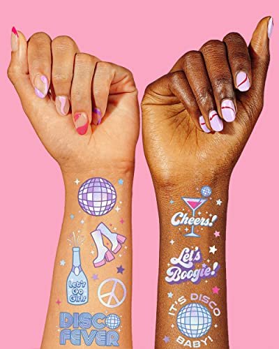 xo, Fetti Disco Birthday Party Temporary Tattoos - 48 Iridescent Foil Pcs | Birthday Girl Party Decorations, Dancing Queen, 70s Groovy Party - görsel 8