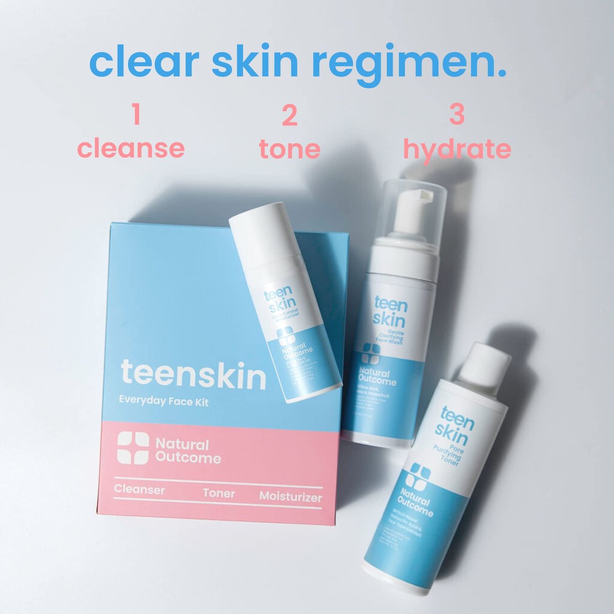Teen Skin Care Kit 3-Step | Acne Face Wash, Toner & Moisturizer for Teens Preteens & Kids | Natural Outcome Avelisse