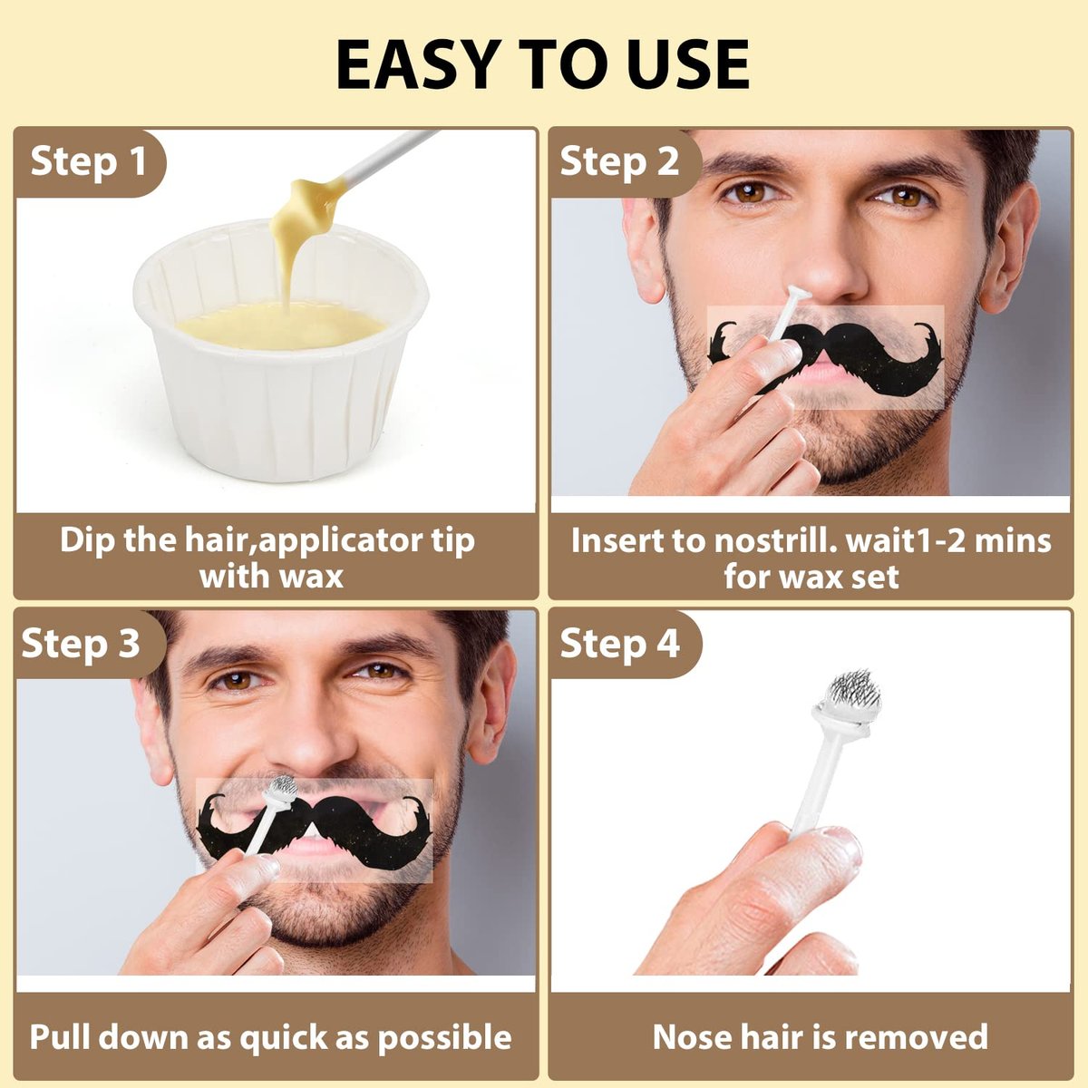 Bouvetan Nose Wax Kit for Men and Women – 100g Nose Hair Wax Beads, 20 Applicators, 15 Mustache Protectors, 10 Paper Cups, 1 Measuring Cup – Easy, Quick, and Instant Nose Hair Removal - görsel 7