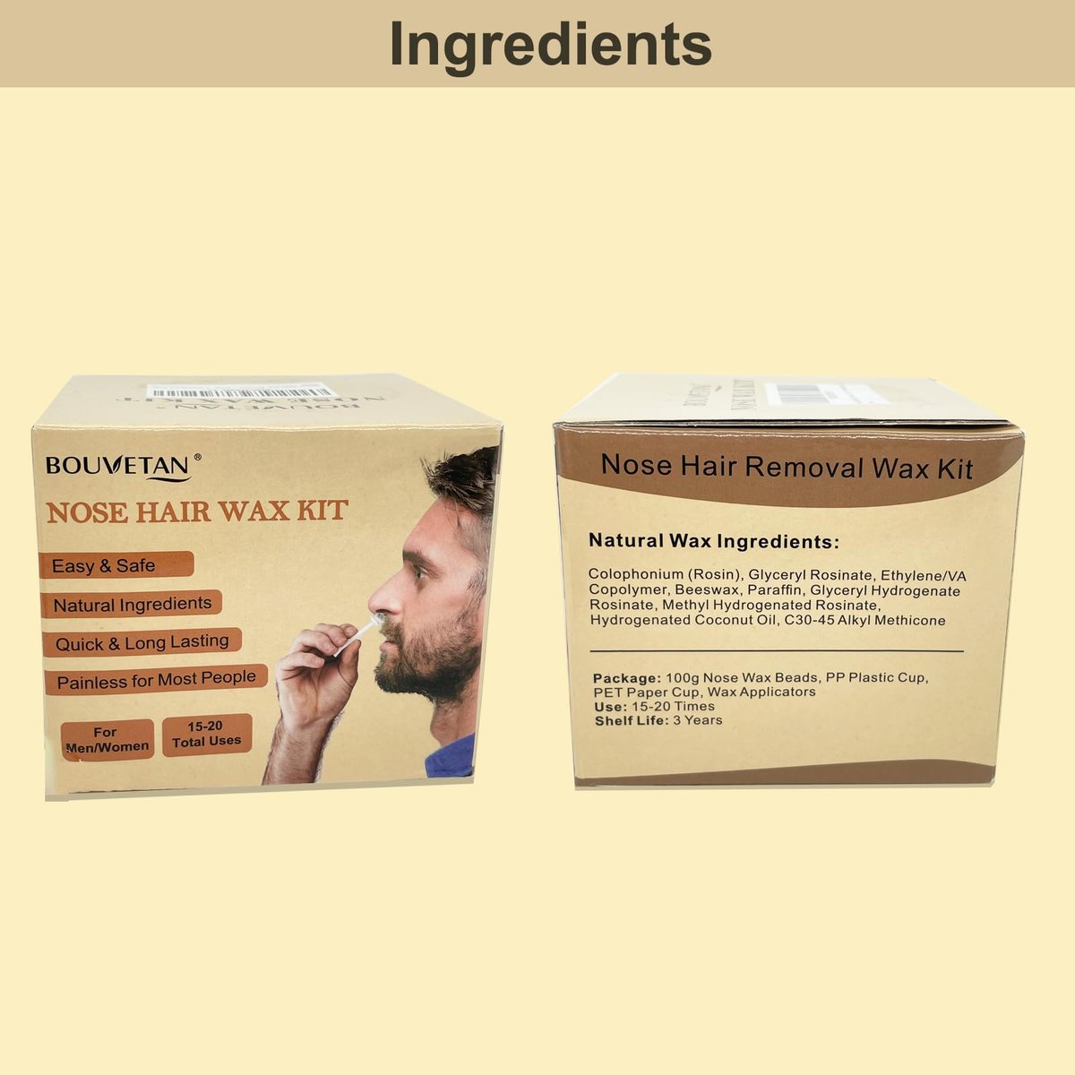 Bouvetan Nose Wax Kit for Men and Women – 100g Nose Hair Wax Beads, 20 Applicators, 15 Mustache Protectors, 10 Paper Cups, 1 Measuring Cup – Easy, Quick, and Instant Nose Hair Removal - görsel 13