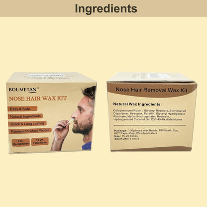 Bouvetan Nose Wax Kit for Men and Women – 100g Nose Hair Wax Beads, 20 Applicators, 15 Mustache Protectors, 10 Paper Cups, 1 Measuring Cup – Easy, Quick, and Instant Nose Hair Removal