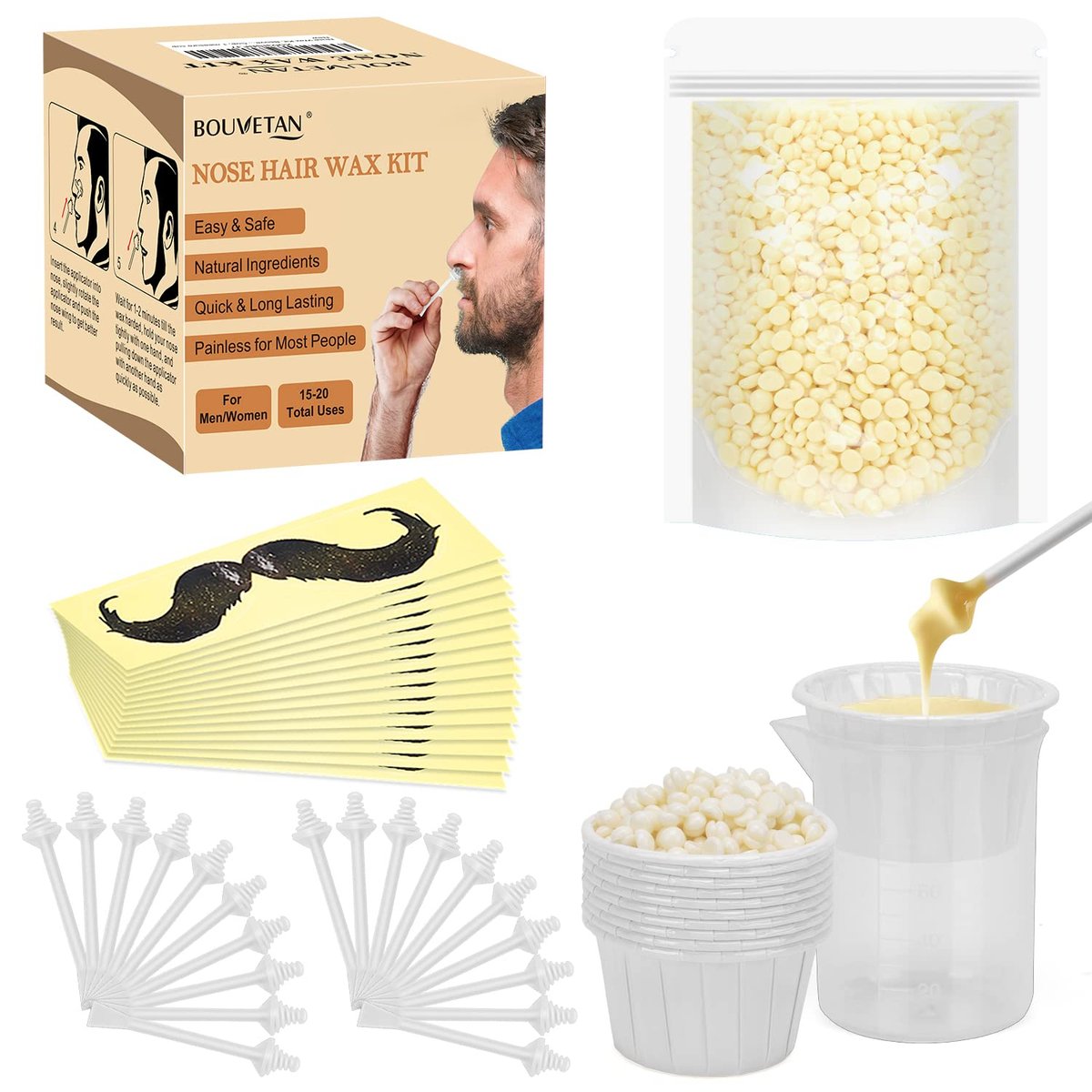 Bouvetan Nose Wax Kit for Men and Women – 100g Nose Hair Wax Beads, 20 Applicators, 15 Mustache Protectors, 10 Paper Cups, 1 Measuring Cup – Easy, Quick, and Instant Nose Hair Removal - görsel 1