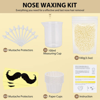 Bouvetan Nose Wax Kit for Men and Women – 100g Nose Hair Wax Beads, 20 Applicators, 15 Mustache Protectors, 10 Paper Cups, 1 Measuring Cup – Easy, Quick, and Instant Nose Hair Removal