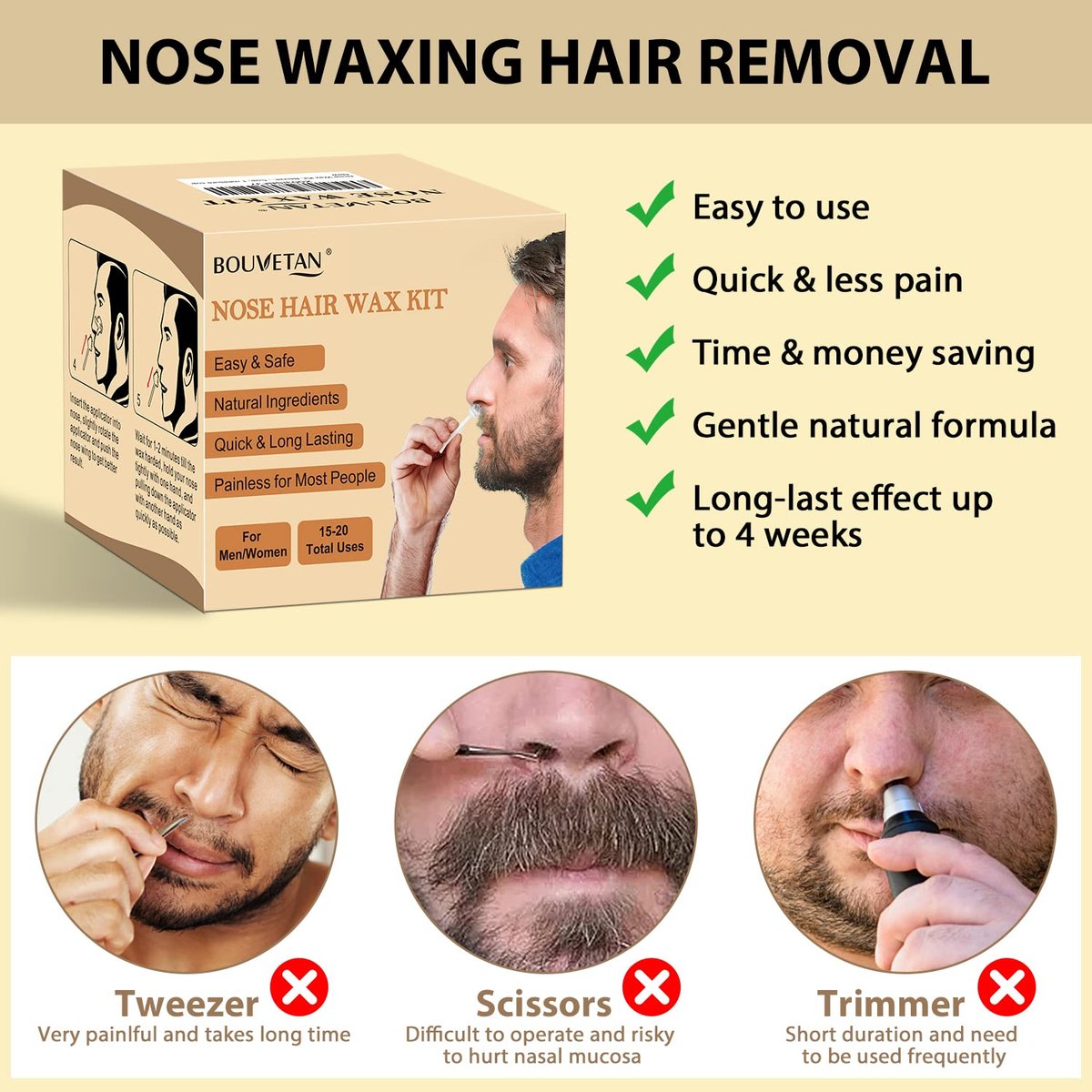 Bouvetan Nose Wax Kit for Men and Women – 100g Nose Hair Wax Beads, 20 Applicators, 15 Mustache Protectors, 10 Paper Cups, 1 Measuring Cup – Easy, Quick, and Instant Nose Hair Removal - görsel 3