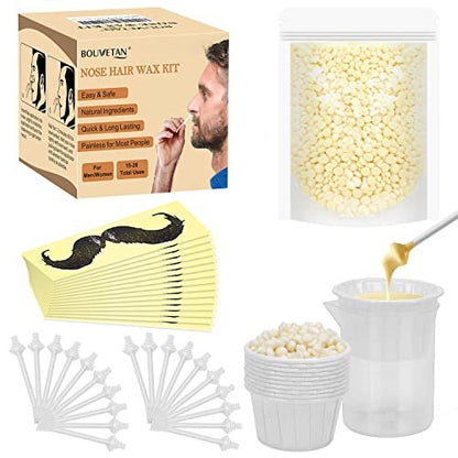 Bouvetan Nose Wax Kit for Men and Women – 100g Nose Hair Wax Beads, 20 Applicators, 15 Mustache Protectors, 10 Paper Cups, 1 Measuring Cup – Easy, Quick, and Instant Nose Hair Removal