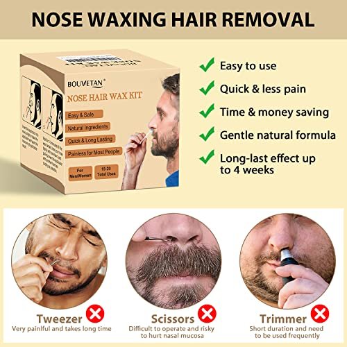 Bouvetan Nose Wax Kit for Men and Women – 100g Nose Hair Wax Beads, 20 Applicators, 15 Mustache Protectors, 10 Paper Cups, 1 Measuring Cup – Easy, Quick, and Instant Nose Hair Removal - görsel 4