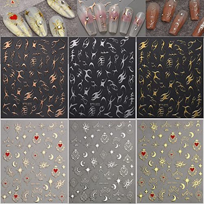 6 Sheets Sun Star Nail Art Stickers - Moon, Fish Bone, Gold & Silver Nail Decals for Acrylic Nails