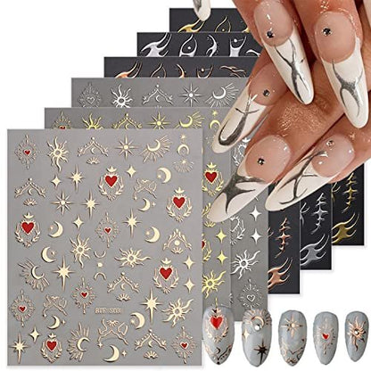 6 Sheets Sun Star Nail Art Stickers - Moon, Fish Bone, Gold & Silver Nail Decals for Acrylic Nails