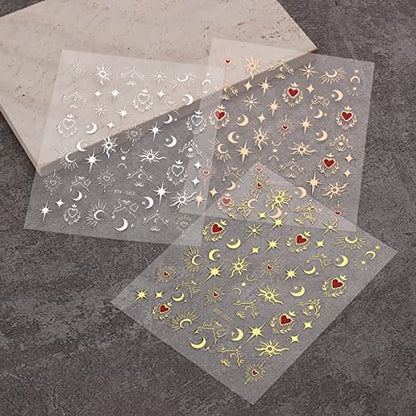 6 Sheets Sun Star Nail Art Stickers - Moon, Fish Bone, Gold & Silver Nail Decals for Acrylic Nails