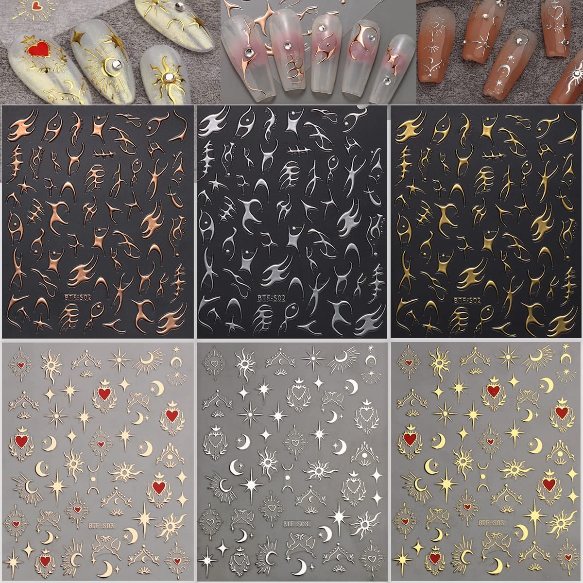 6 Sheets Sun Star Nail Art Stickers - Moon, Fish Bone, Gold & Silver Nail Decals for Acrylic Nails - görsel 13