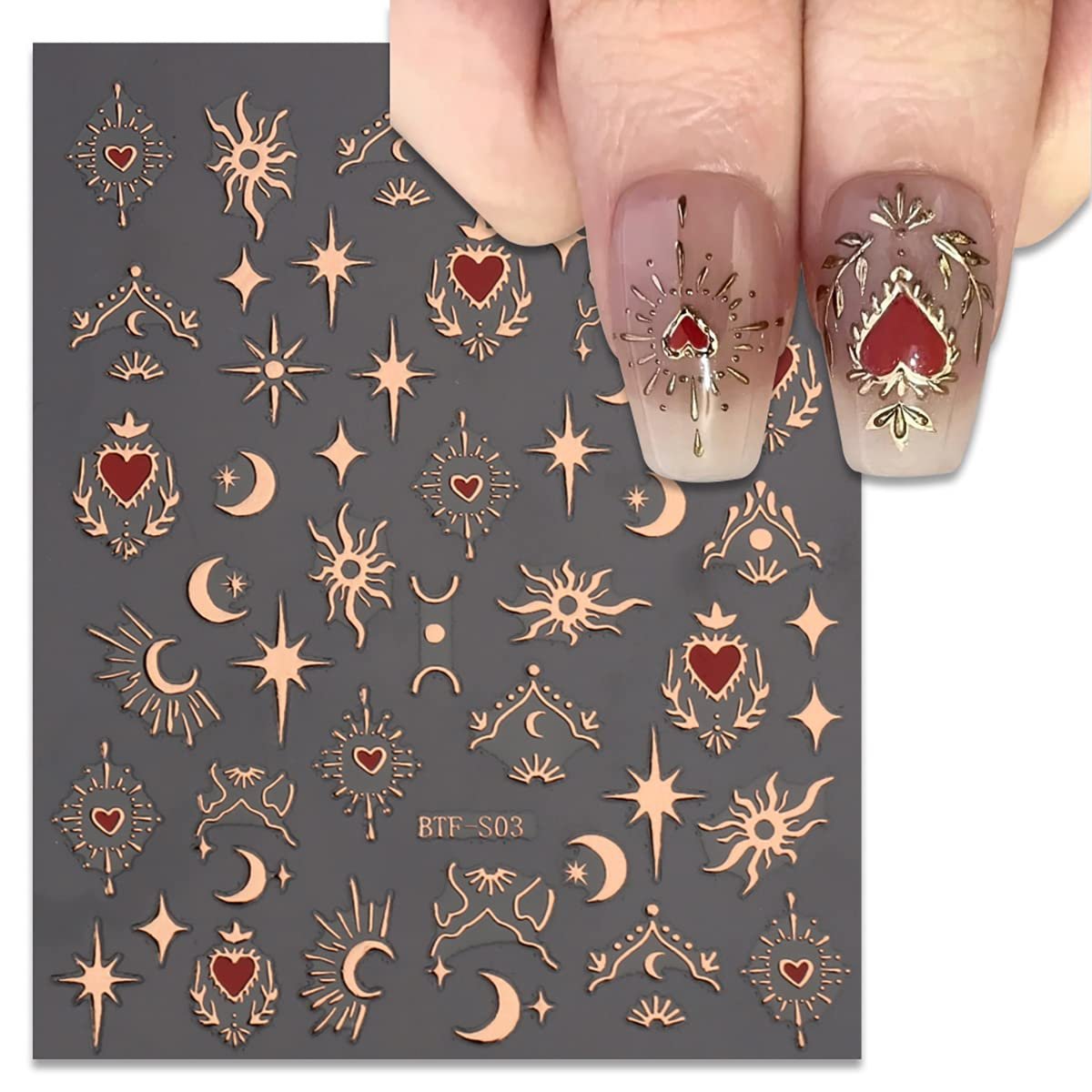 6 Sheets Sun Star Nail Art Stickers - Moon, Fish Bone, Gold & Silver Nail Decals for Acrylic Nails - görsel 5