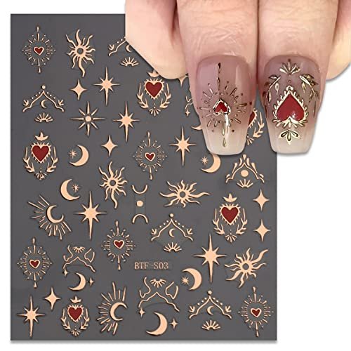 6 Sheets Sun Star Nail Art Stickers - Moon, Fish Bone, Gold & Silver Nail Decals for Acrylic Nails - görsel 6