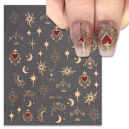 6 Sheets Sun Star Nail Art Stickers - Moon, Fish Bone, Gold & Silver Nail Decals for Acrylic Nails