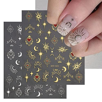6 Sheets Sun Star Nail Art Stickers - Moon, Fish Bone, Gold & Silver Nail Decals for Acrylic Nails